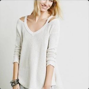 Free People Cold Shoulder Waffle Knit Frayed Oversized Sweater